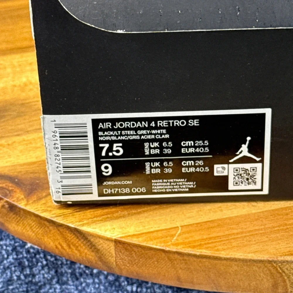 Nike Air Jordan 4 Retro SE Black Canvas DH7138-006 Mens Size 7.5 Wmns 9 Box